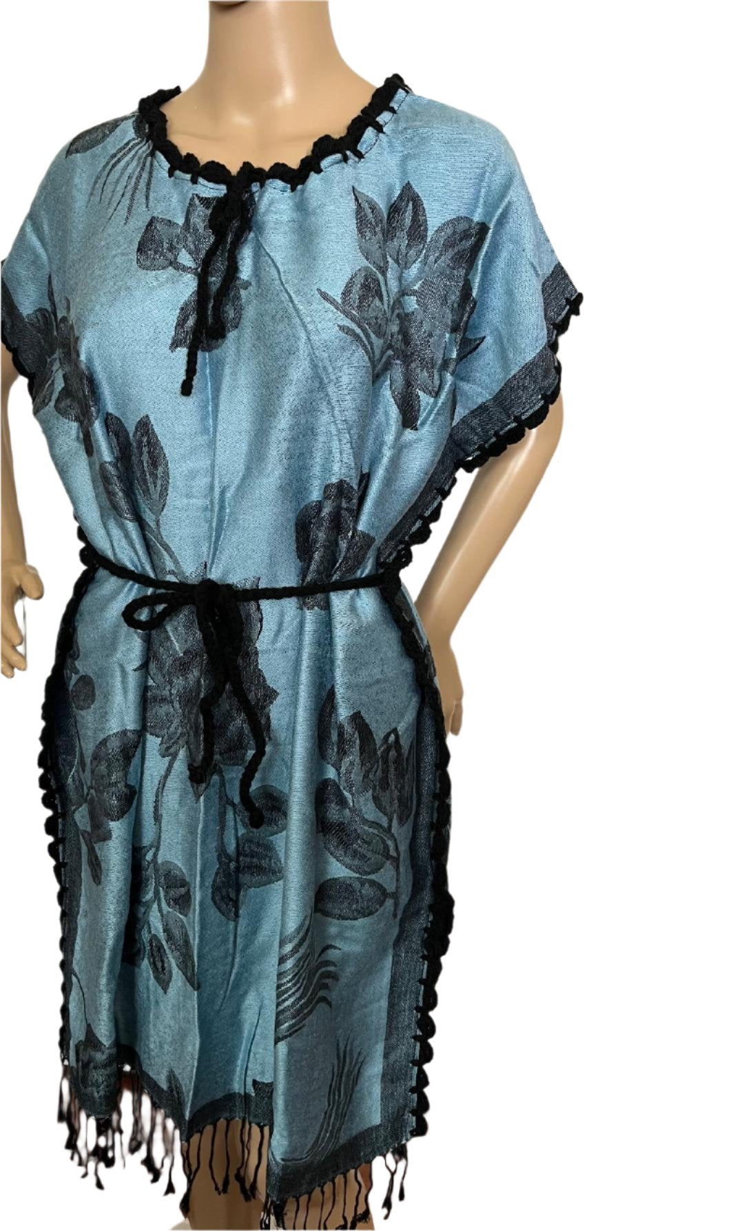 Light Blue with Black Flower Dress Knitted 1006-09  Eyema's Gift