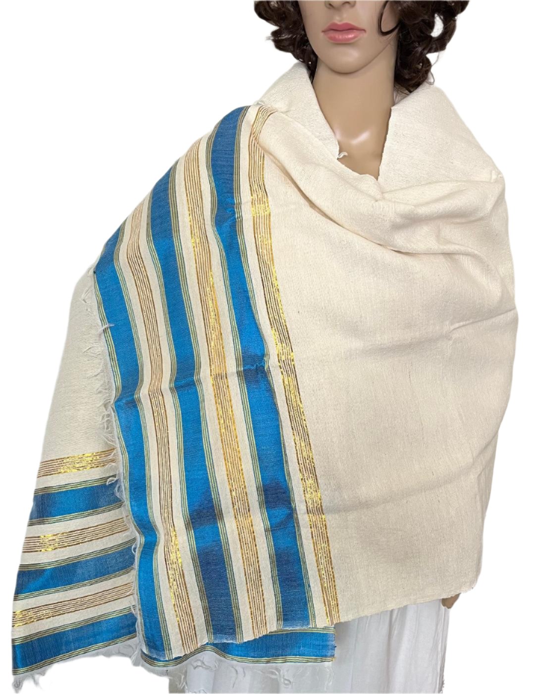 Blue Cotton & Silk Striped Scarf, Fair Trade Handloom Stripe Scarves, Striped Silk Blend Scarf, Gray Handmade Cotton Scarves, 2024 Ethiopian Silk