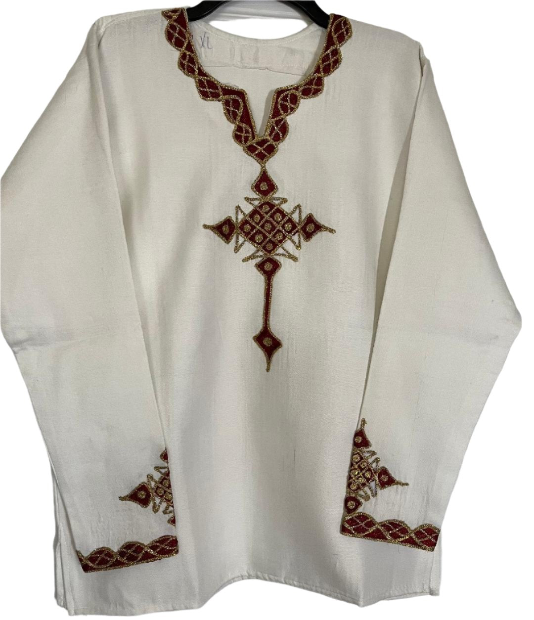 Ethiopian Traditional shirt designed with red yarn and Gold 1023-01