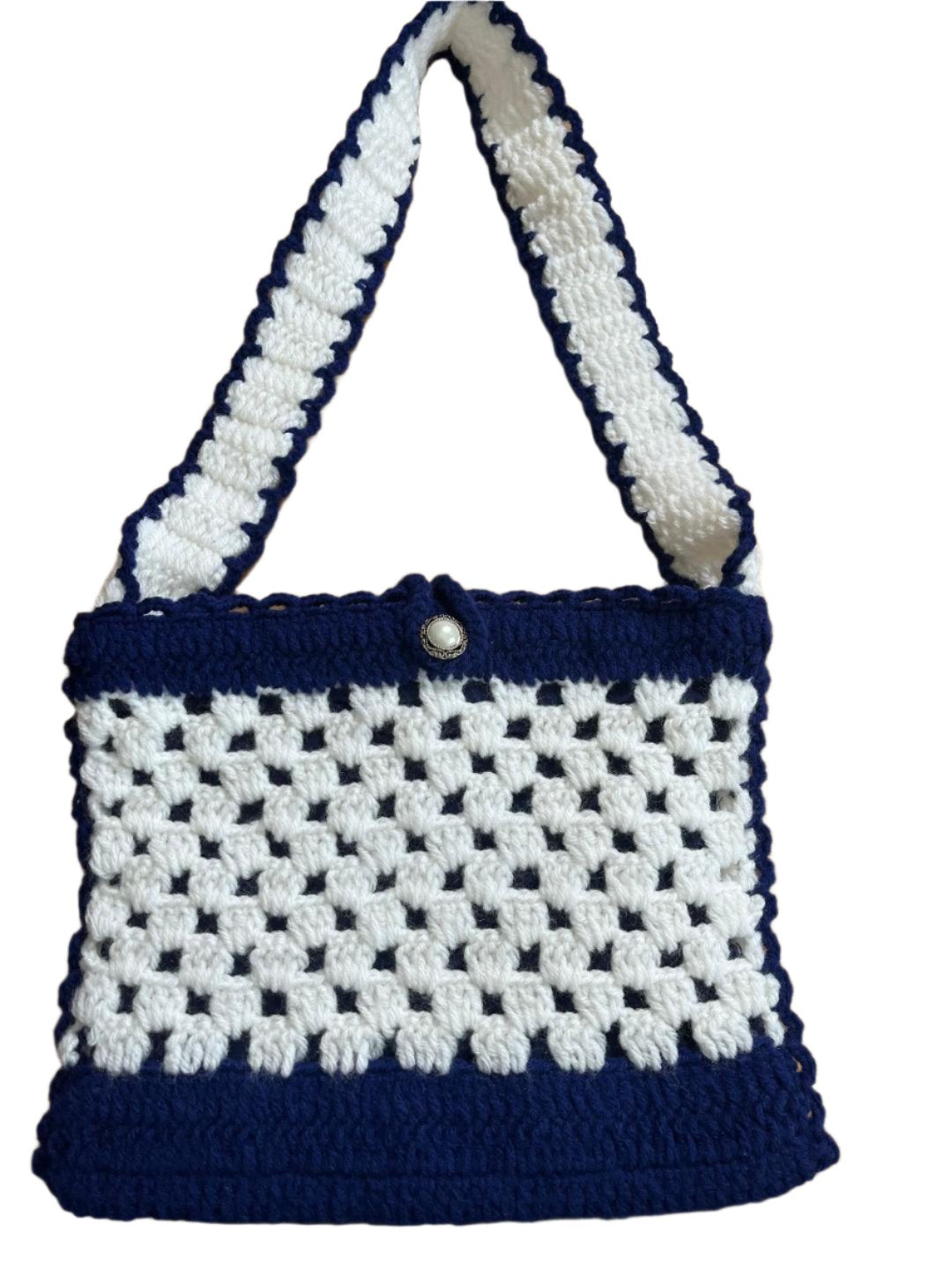 Crochet Hand Bag Large Blue & white
