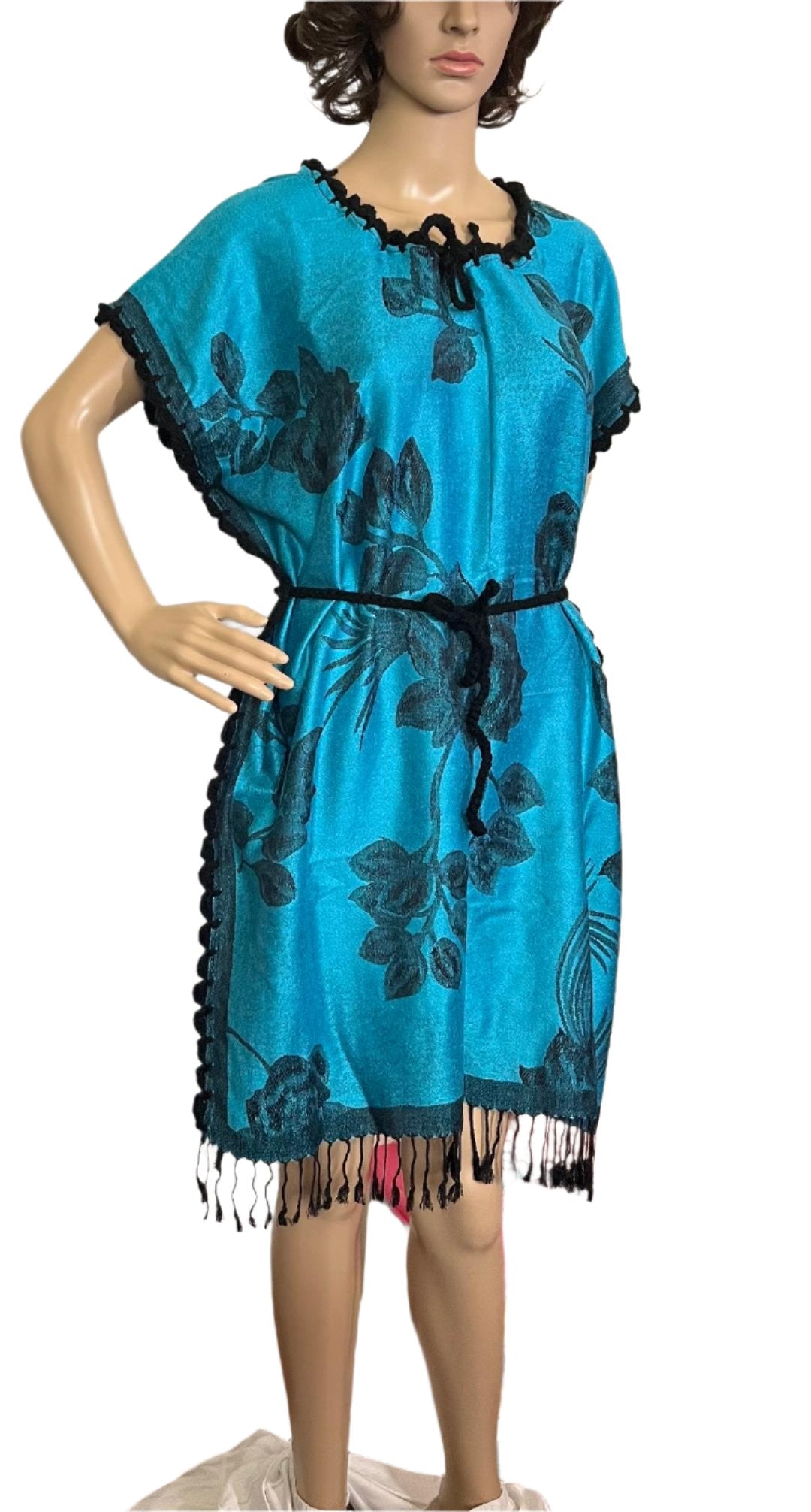 Bright Blue with Black Flower Dress knitted