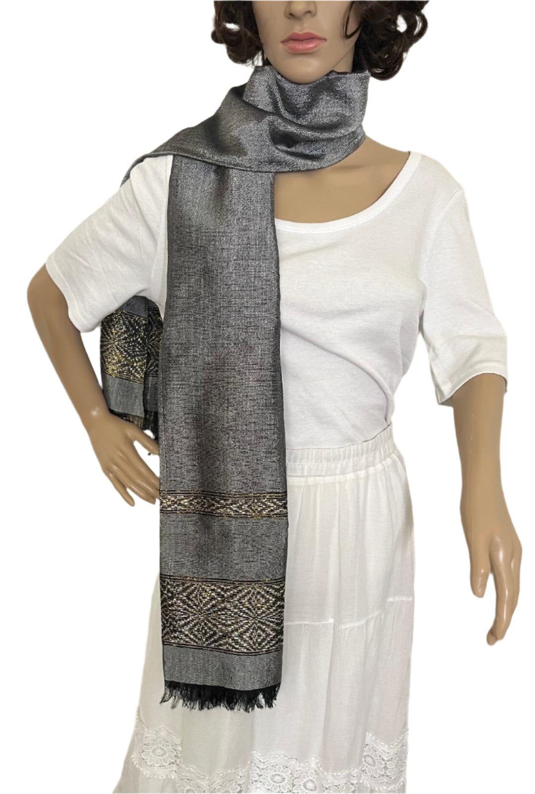 Ethiopian Scarf Silver with Black, White and Gold stripes