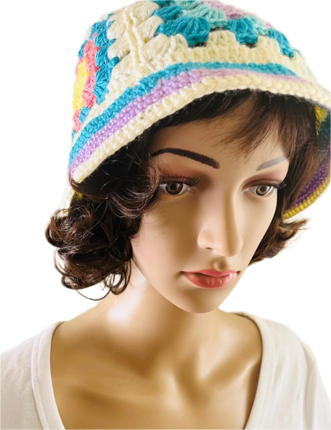 CROCHET HAT AND BEANIES WHITE WITH DIFFERENT COLORS