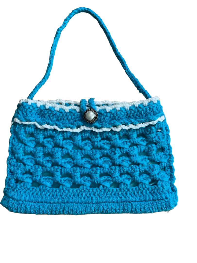 Crochet  Hand Bag small Bright Blue  with White