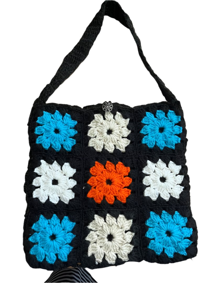 Crochet Hand Bag Black with Multi -Colors